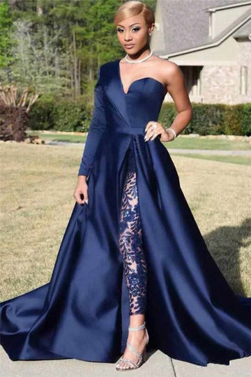 Black Girl Prom Dress One Shoulder Sparkling Lace Sequins Prom Dress | Front Split Glamorous Evening Dresses HZ1023
